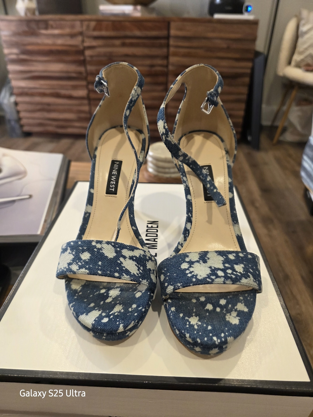 Nine West Blue Speckled Denim Open-Toe Ankle-Strap Heels